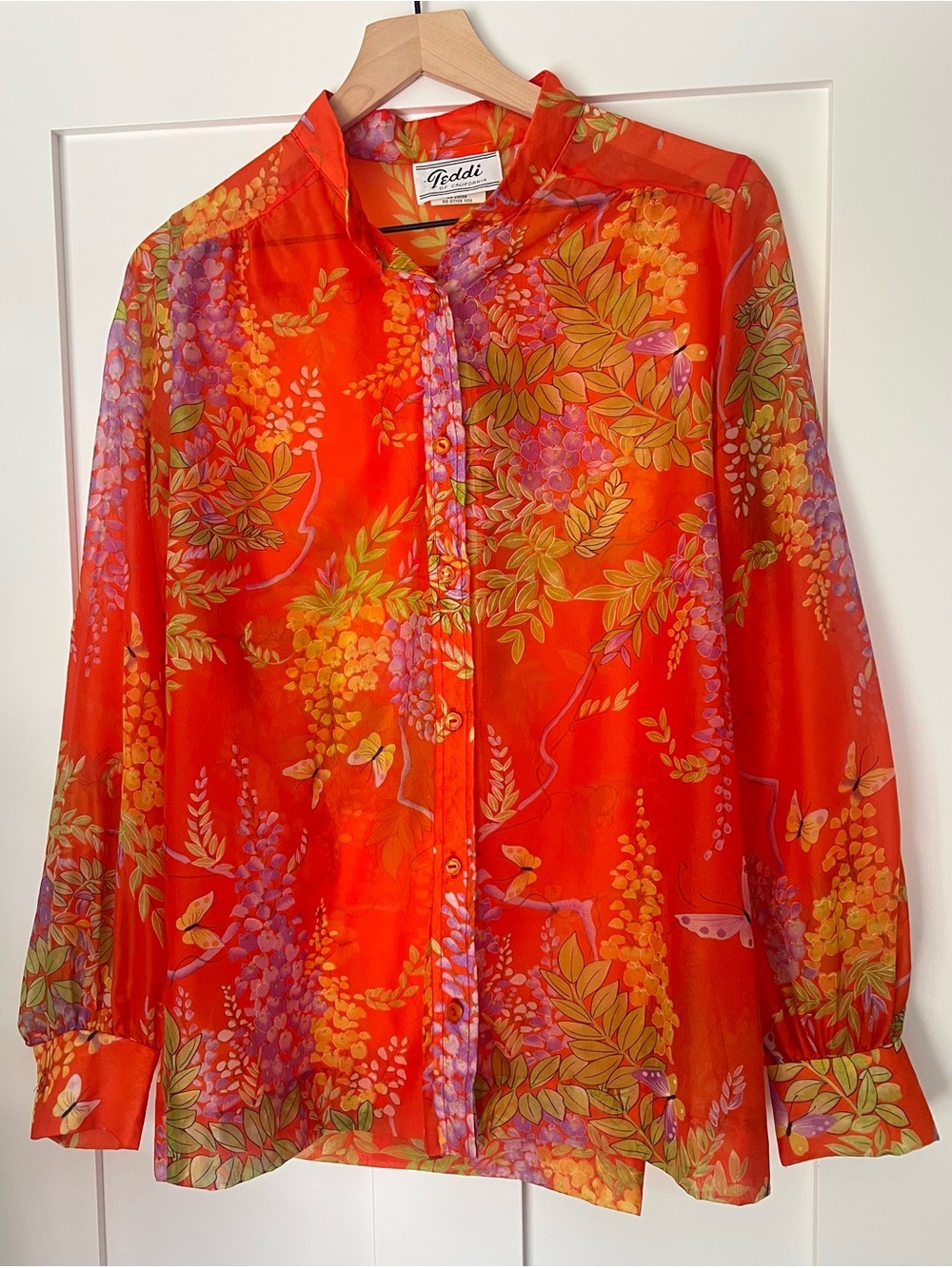 Vintage Teddi of California Sheer Butterfly Floral Blouse Orange Size 18
